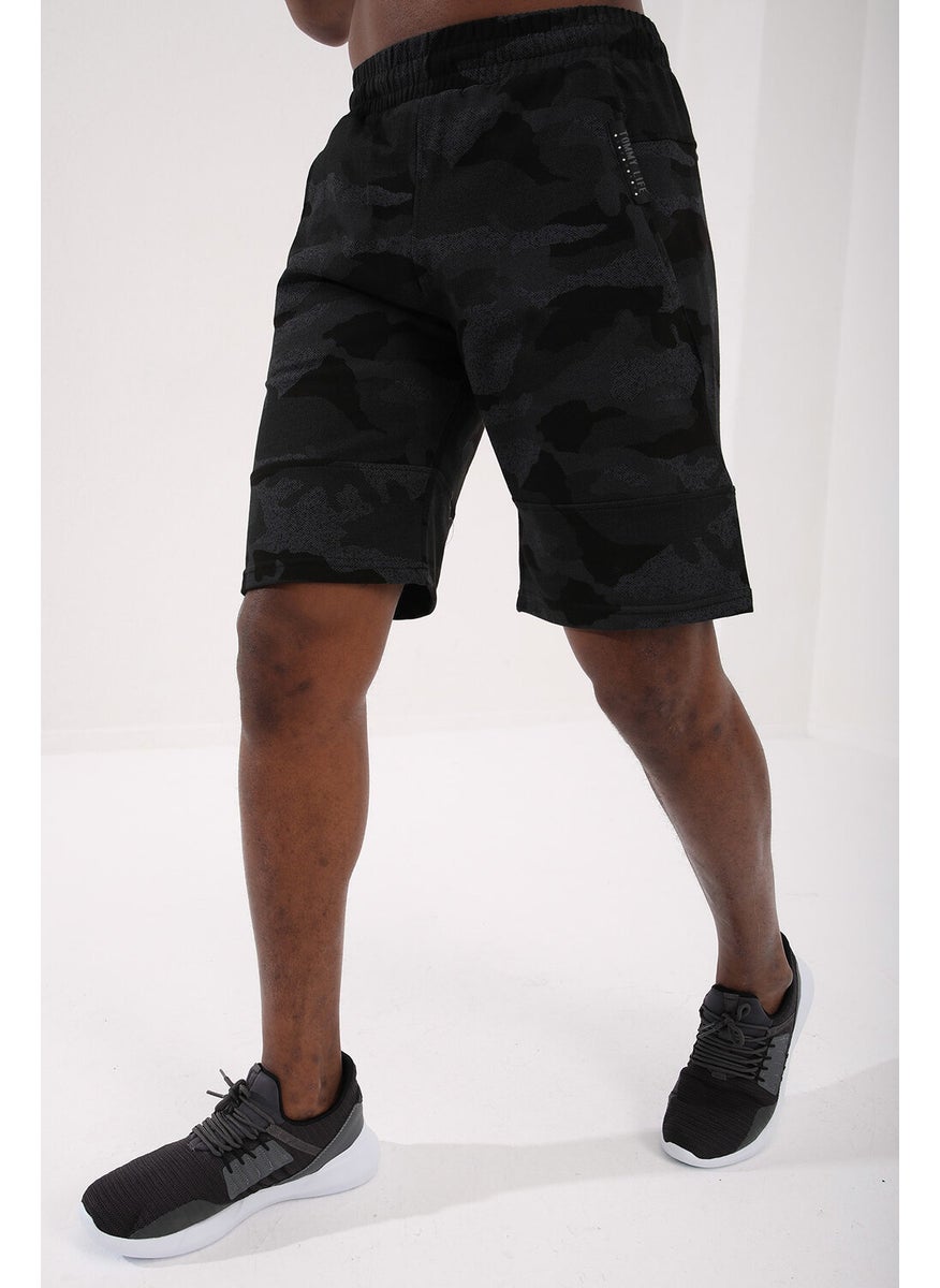 Black Camouflage Men's Camouflage Patterned Pocket Standard Fit Shorts-81126