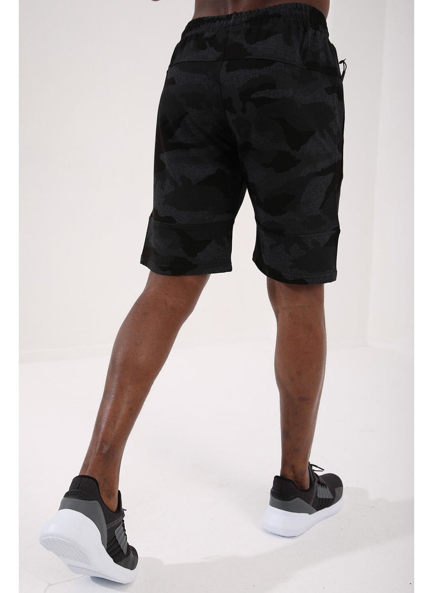 Black Camouflage Men's Camouflage Patterned Pocket Standard Fit Shorts-81126
