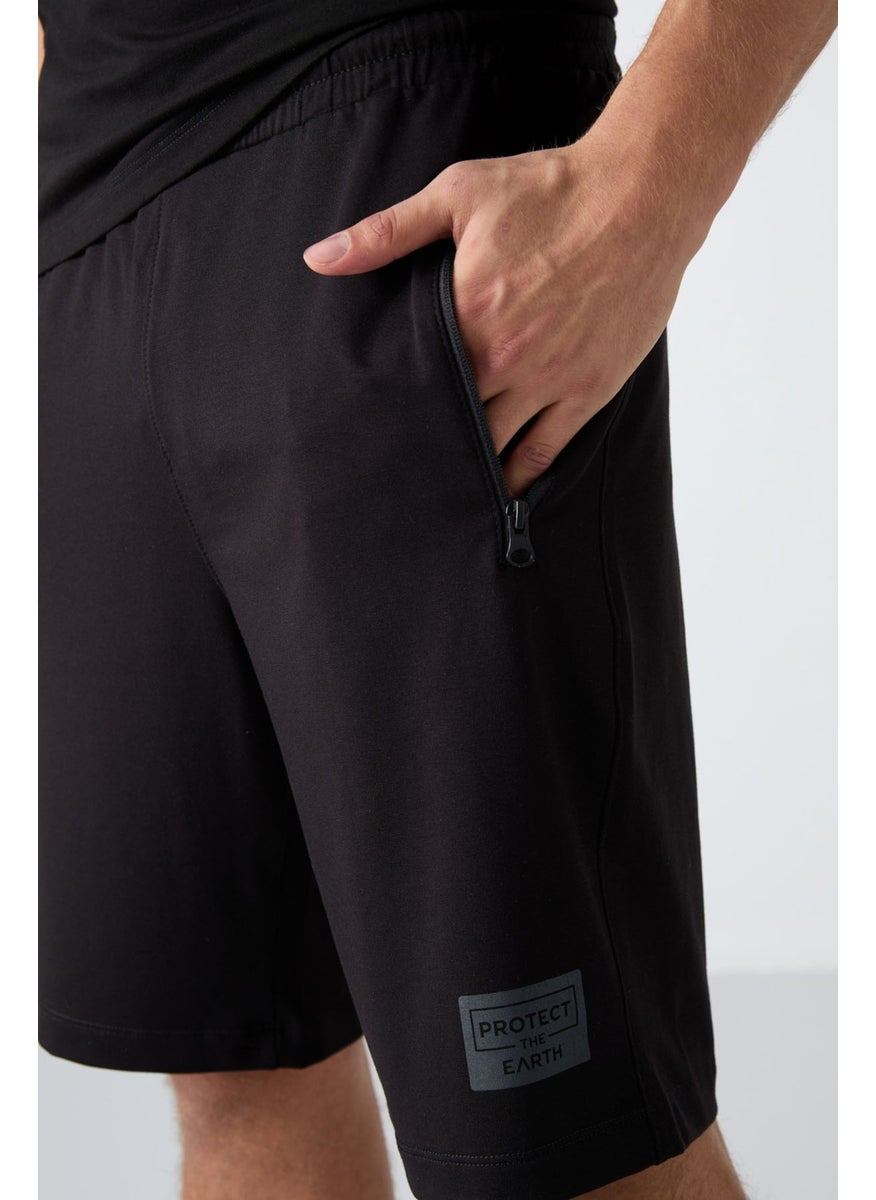 Black Cotton Soft Texture Standard Fit Printed Men's Shorts Set - 85243