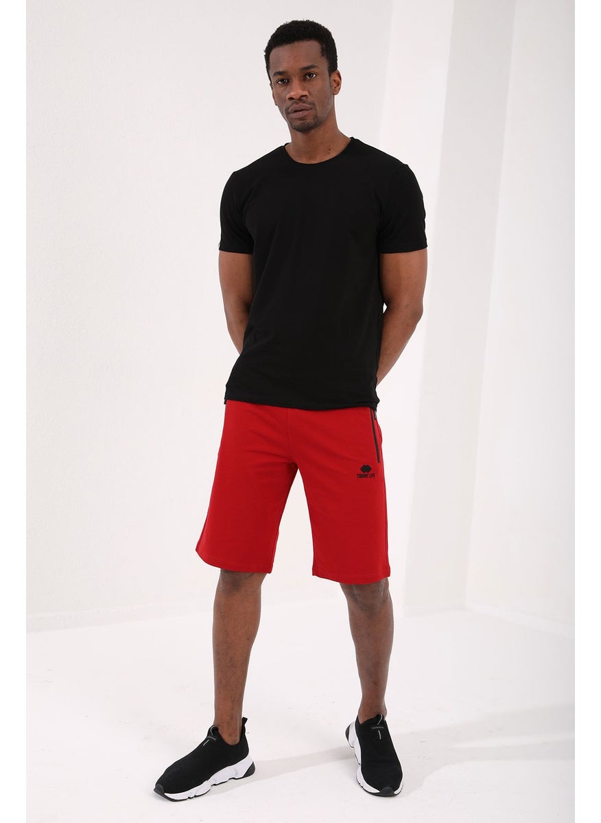 Red Men's Hidden Zipper Back Pocket Lace-Up Standard Fit Shorts-81136