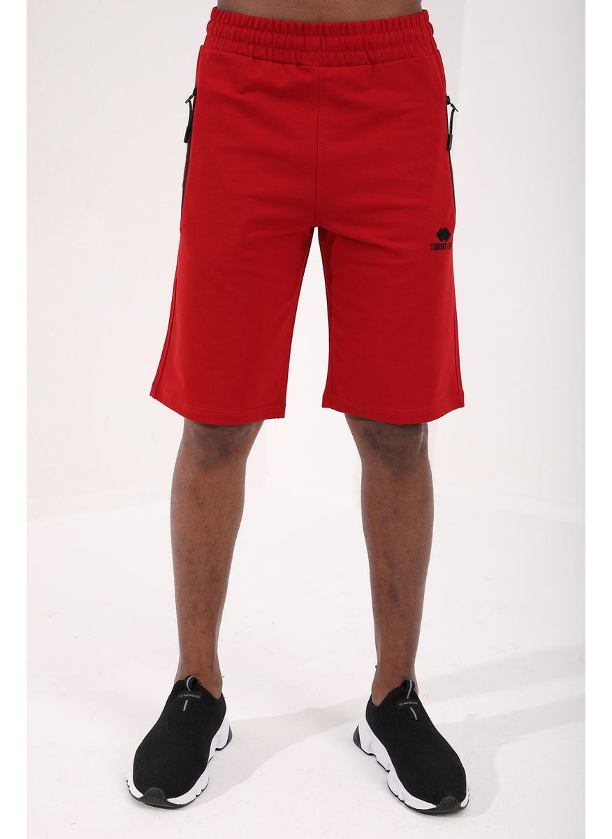 Red Men's Hidden Zipper Back Pocket Lace-Up Standard Fit Shorts-81136