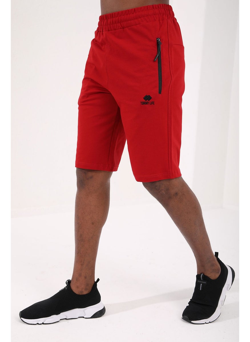 Red Men's Hidden Zipper Back Pocket Lace-Up Standard Fit Shorts-81136