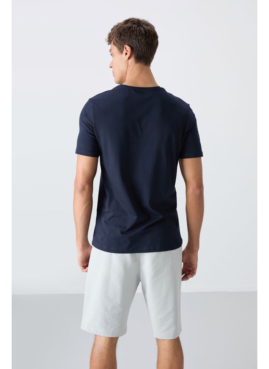 Navy Blue - Stone Cotton Soft Texture Standard Fit Printed Men's Shorts Set - 85243