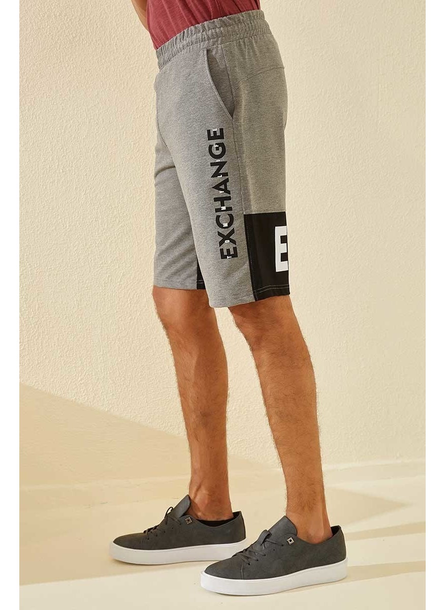 Gray Melange Men's Text Printed Pocket Standard Fit Shorts-81142