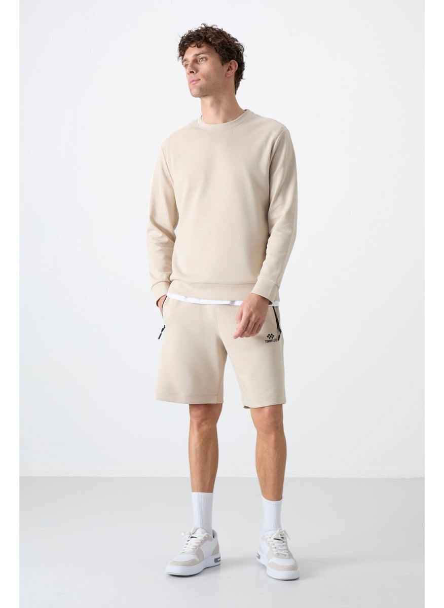 Beige Hidden Zipper Back Pocket Lace-Up Standard Fit Men's Shorts - 81136