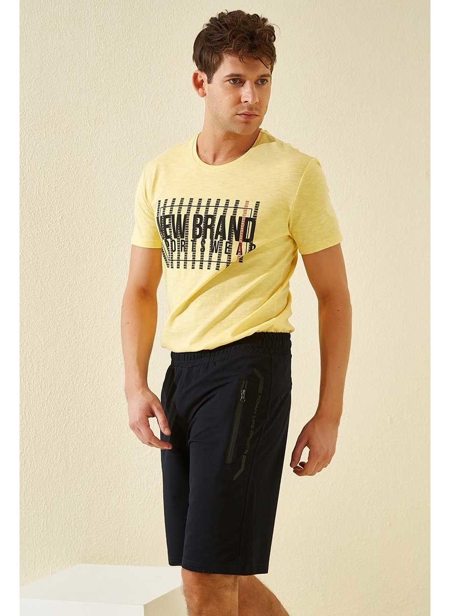 Navy Blue-Black Men's Zipper Pocket Text Detailed Standard Cut Shorts-81141