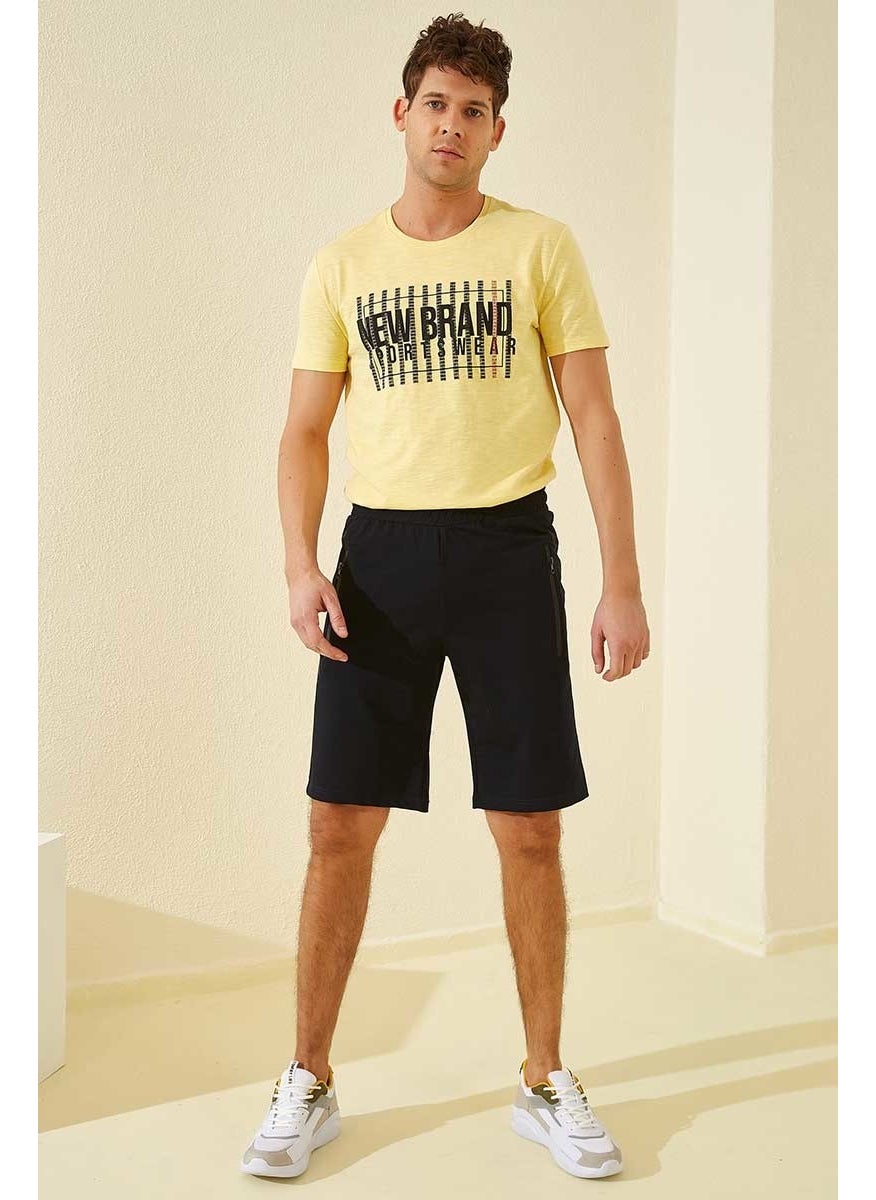 Navy Blue-Black Men's Zipper Pocket Text Detailed Standard Cut Shorts-81141