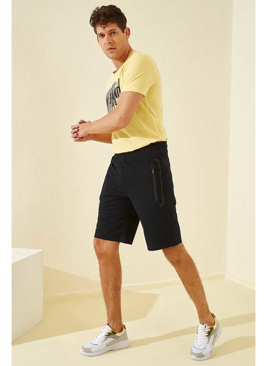 Navy Blue-Black Men's Zipper Pocket Text Detailed Standard Cut Shorts-81141