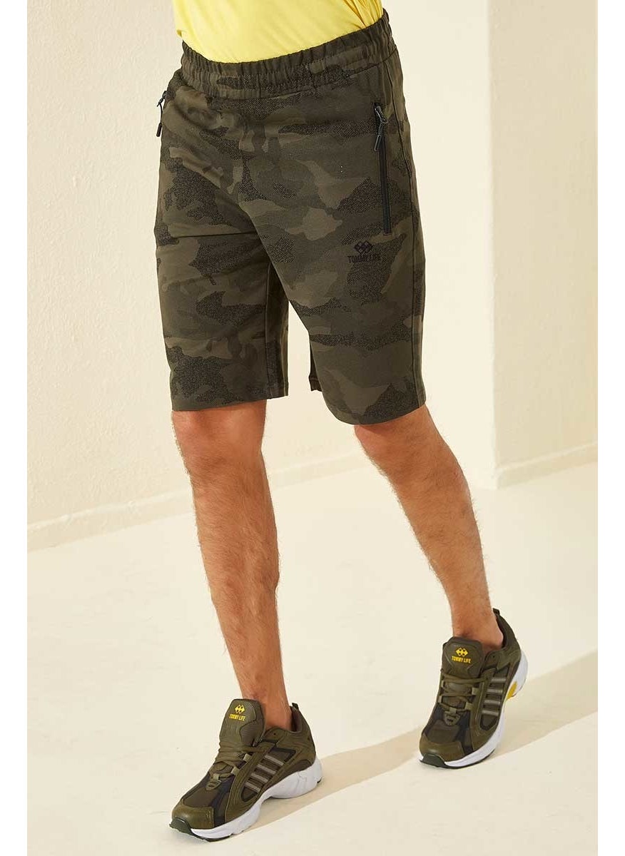 Khaki Men's Camouflage Patterned Standard Fit Shorts-81157_1