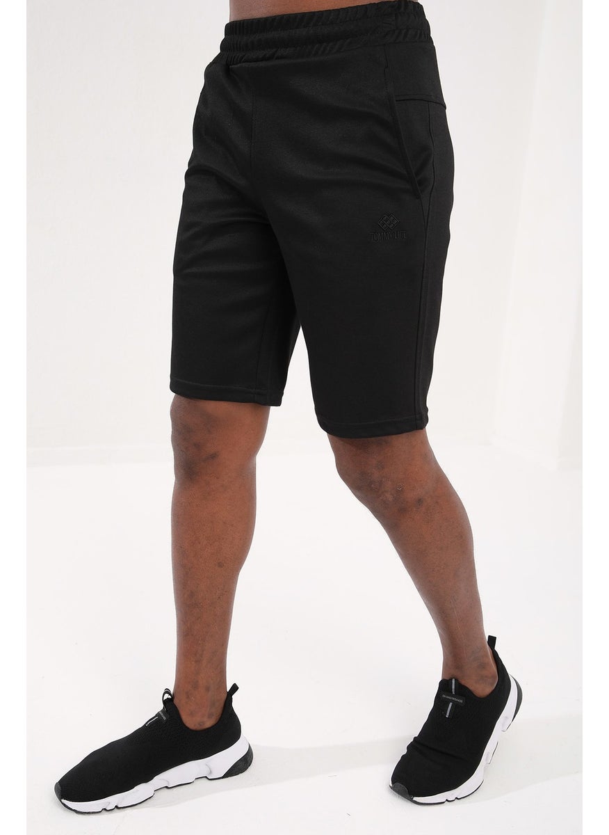 Black Men's Single Zipper Pocket Detail Lace-Up Standard Fit Shorts - 81202