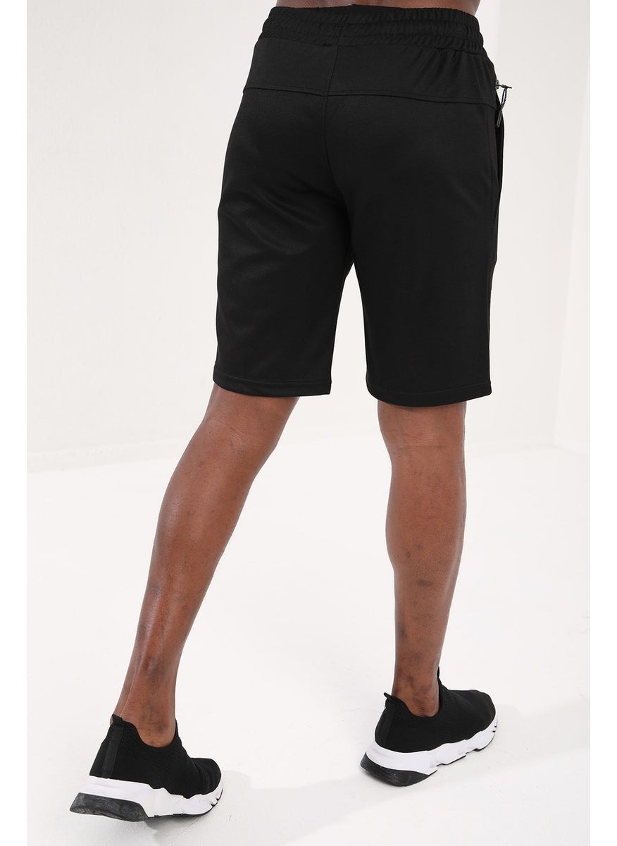 Black Men's Single Zipper Pocket Detail Lace-Up Standard Fit Shorts - 81202