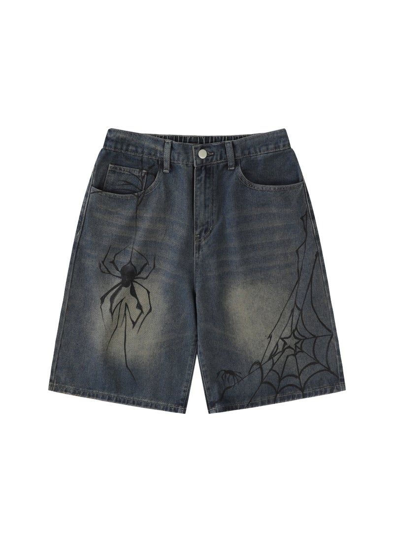 Retro Light Blue Washed Spider Print High Waist Straight Leg Casual Jeans Shorts for Men Summer Cotton Polyester Blend vintage blue