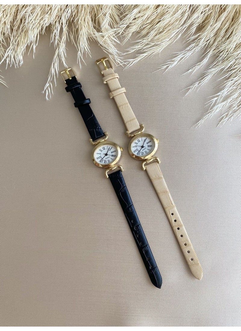 Retro Minimal Vintage Leather Band Women's Wristwatch Butterfly Model
