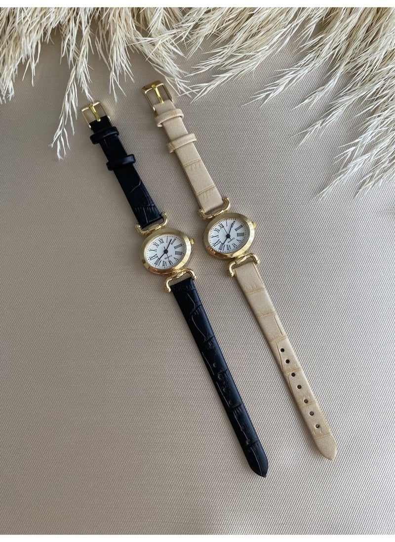 Retro Minimal Vintage Leather Band Women's Wristwatch Butterfly Model