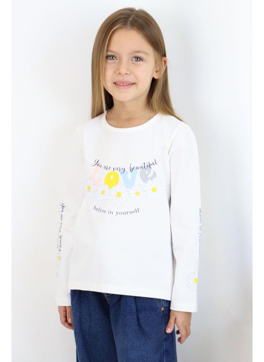Girls Long Sleeve T-Shirt Colorful Text Printed Floral 3-8 Years, Ecru