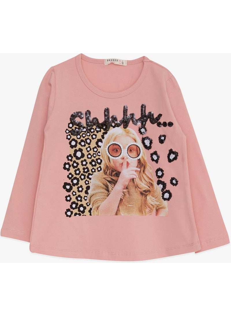 Girls' Long Sleeve T-Shirt Sequin Girl Printed Salmon (3-8 Years)