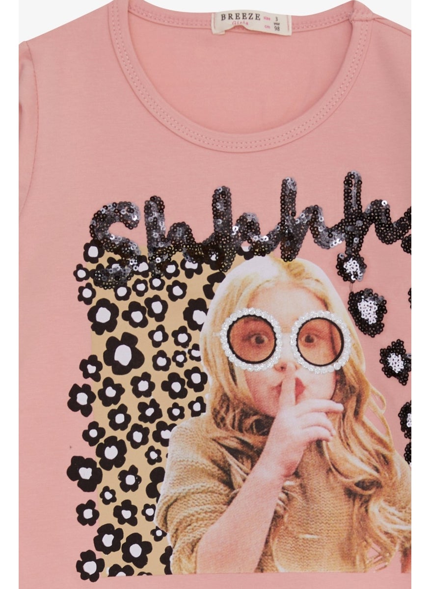 Girls' Long Sleeve T-Shirt Sequin Girl Printed Salmon (3-8 Years)