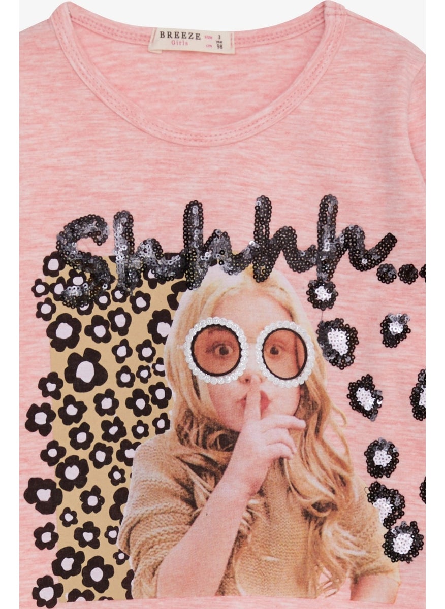 Girls' Long Sleeve T-Shirt Sequin Girl Printed Salmon Melange (3-8 Years)