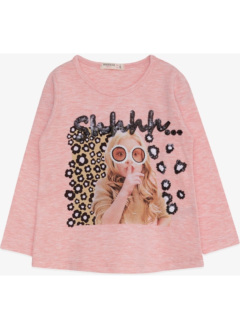 Girls' Long Sleeve T-Shirt Sequin Girl Printed Salmon Melange (3-8 Years)