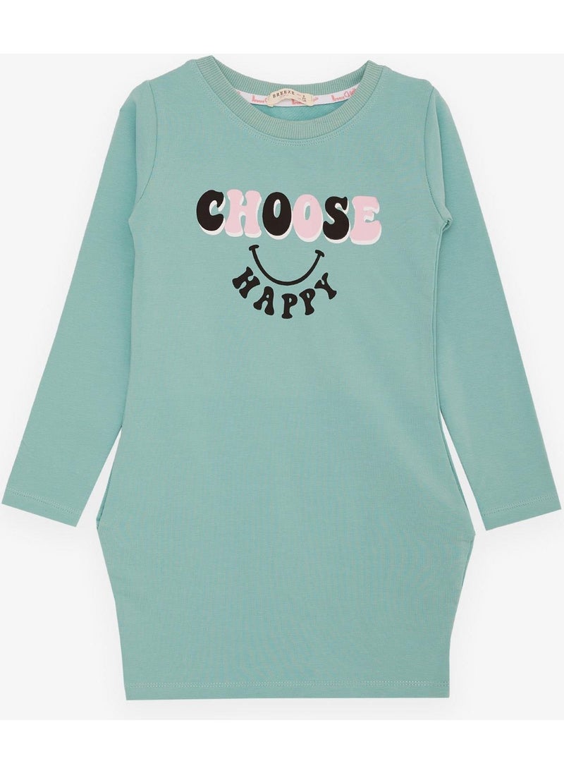 Girl's Tunic Happiness Themed Text Printed 8-12 Years, Mint Green