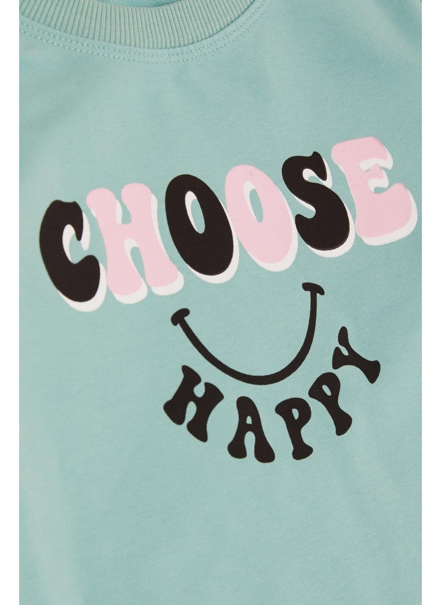 Girl's Tunic Happiness Themed Text Printed 8-12 Years, Mint Green