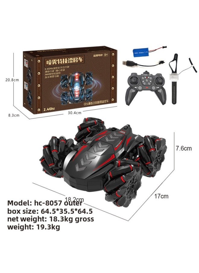 Double-sided Drift Remote Control Car Gesture Remote Control Induction Spray Car Four-wheel Drive Off-road Vehicle Children's Toys Cross-border-Color:8057 Double-sided Spray With Music-red-handle Remote Control Watch Remote Control (Chinese Version