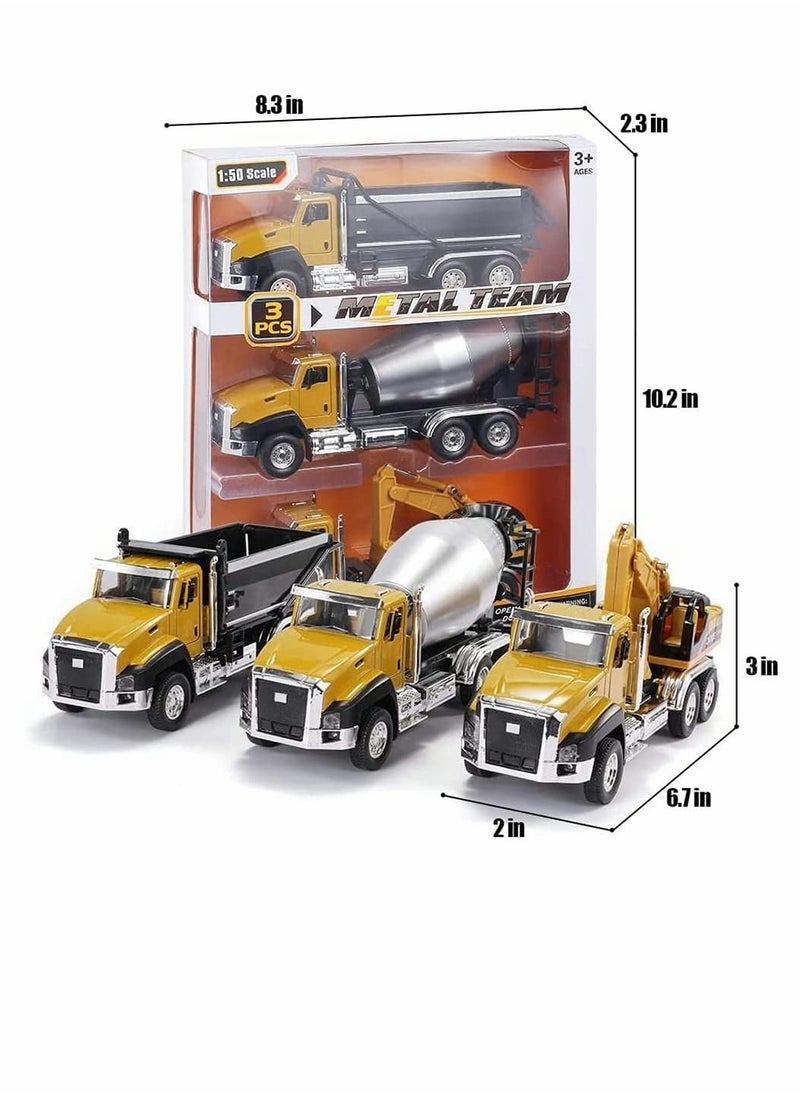 Model Toys Cars, 3 Pack of Diecast Engineering Construction Vehicles, Metal Collectible Pull Back Car with Opening Doors for Boys and Girls (Dump Truck, Digger, Mixer Truck)