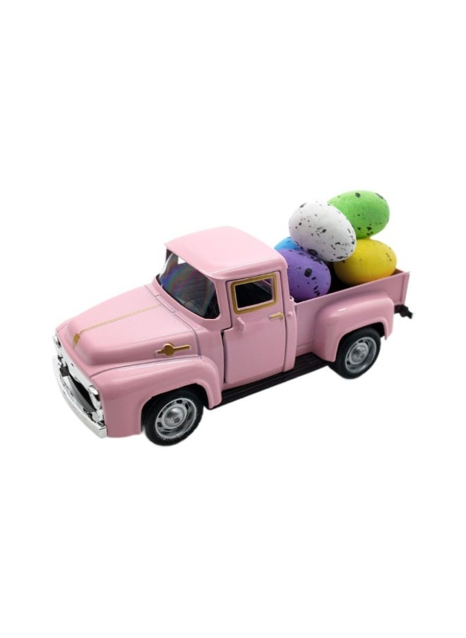 Cross Border 12.5cm Pickup Truck Model Easter Egg Vintage Alloy Car American Pickup Truck Alloy Car Ornaments-Color:Off-white Pickup Truck 12.5cm +6 Easter Eggs (ziplock Bag)