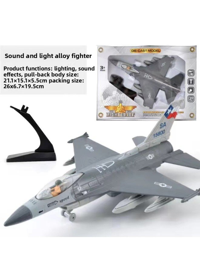 Light Sound Effect Pull Back Alloy Aircraft Model Children's Toys Aerospace Alloy Fighter-Color:[F-16 Dark Gray] With Bracket