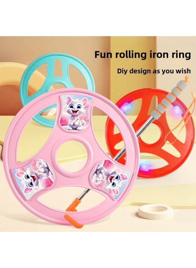 Children's Rolling Iron Ring Toy Adult Nostalgic Outdoor Luminous Kindergarten Primary School Students Hand Push Iron Ring Fitness Wheel-Specifications:Cherry Powder-large-diameter 38.5cm (including Hand Lever)-cool DIY Lights