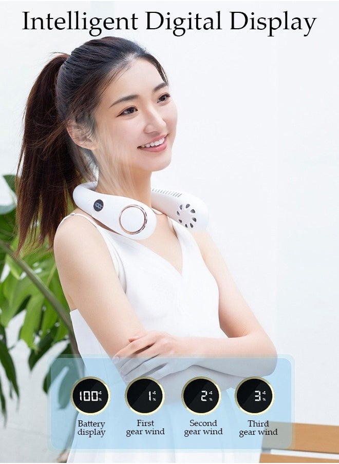 Portable Neck Fan with Battery Display 3 Speed Rechargeable Bladeless Neck Fan, Adjustable Wearable Personal Fan for Women and Men Great Cooling Fan For Travel, Outdoors & Sports