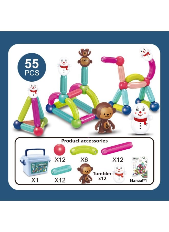 Magnetic Stick Children's Early Education Educational Toys Intellectual Development Variables Male And Girl Assembled Magnetic Building Blocks-Color:Tumbler Magnetic Bar 55PCs With Storage Box