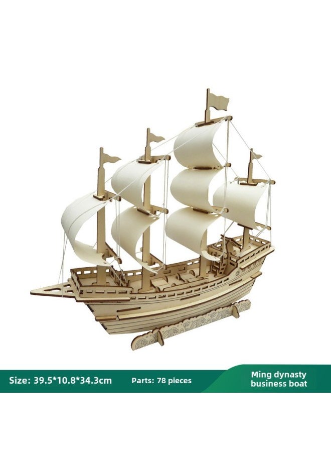 Cruise Cargo Ship Model Ornaments Manual Diy Assembled Simulation Wooden Sail Ship Puzzle Wooden Toy-Color:Ming Dynasty Business Boat