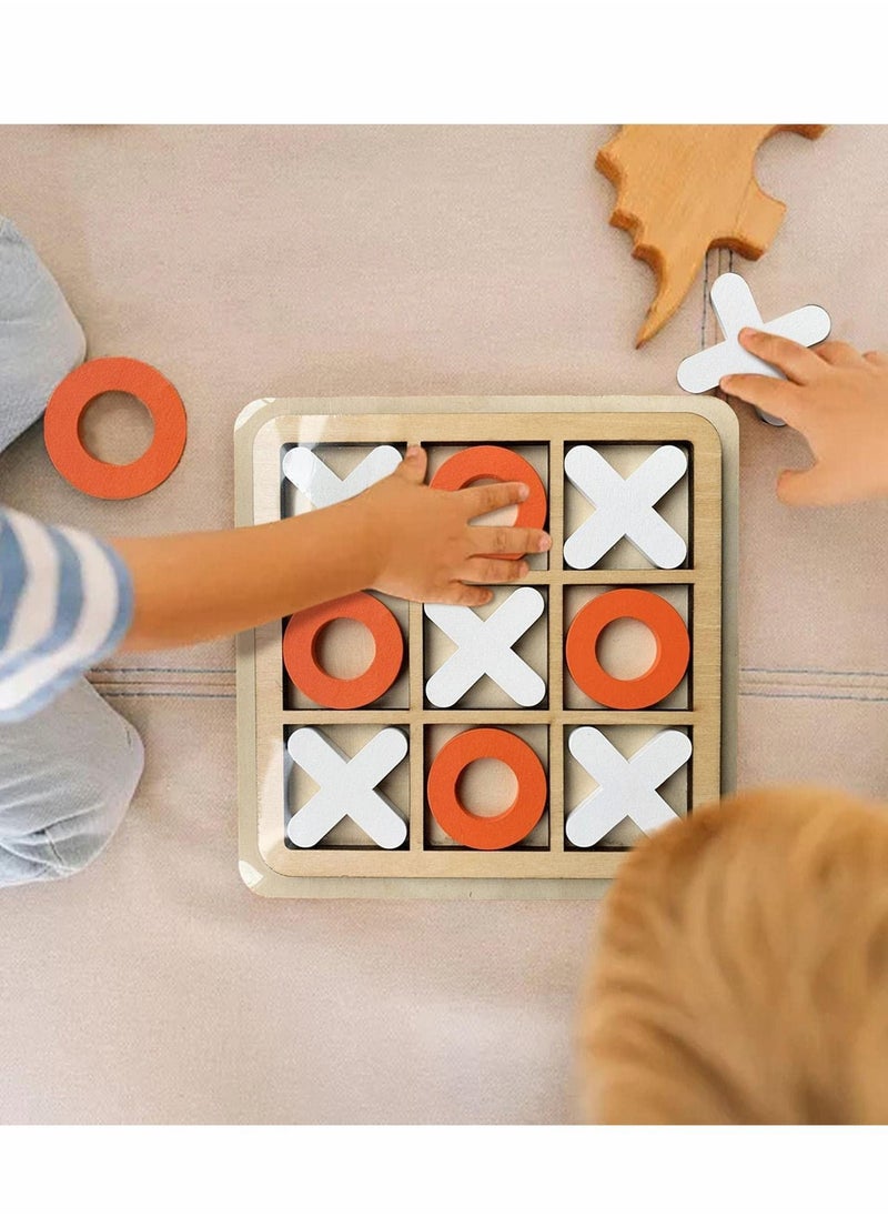 Tic-Tac-Toe Game Toy, Classic Wooden Checkerboard Educational Family Toys Set, Portable Casual Tabletop for Adults and Kids, Party Classroom Games (White Orange)