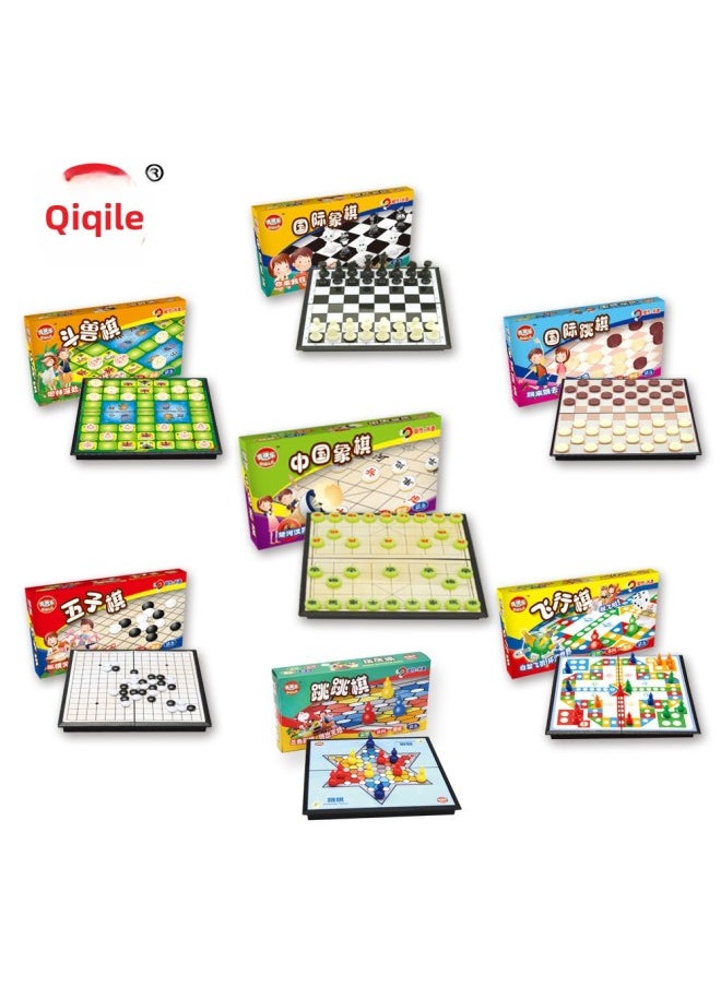 Direct Supply Pan Duoduo Small Box Game Flying Chess High-end Folding Magnetic Backgammon Puzzle Game Chess Toys-Color:714 International Checkers