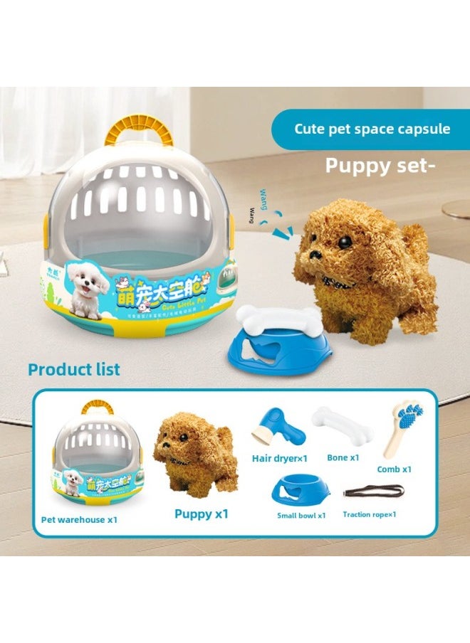 Children's Electric Simulation Plush Toy Pet Cabin Teddy White Rabbit Can Walk And Call Portable Gift Box Institution Gift-Color:Meng Chong Space Capsule 063 (Teddy) 7-piece Battery Self-provided