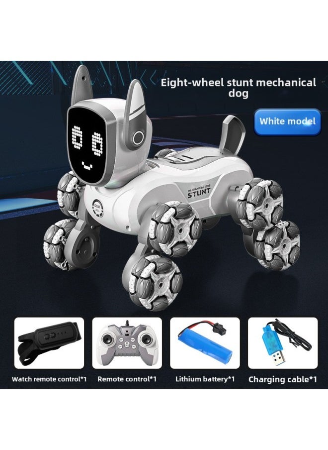 Remote Control Car Eight-wheel Stunt Mechanical Dog Climbing Off-road Vehicle Electronic Machine Dog Gesture Induction Voice Control Children's Toy-Color:Eight-wheel Mechanical Dog-white  English-Specifications:Great Value Dual Battery