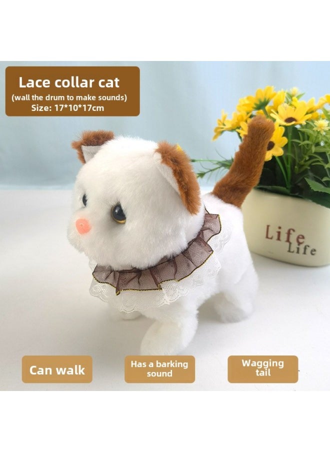 Toy Dog Children Plush Electric Toy Walking Dog Electric Dog Stall Electronic Puppy Pet-Color:Collar Lace Kitten (brown) Makes Drum Sound