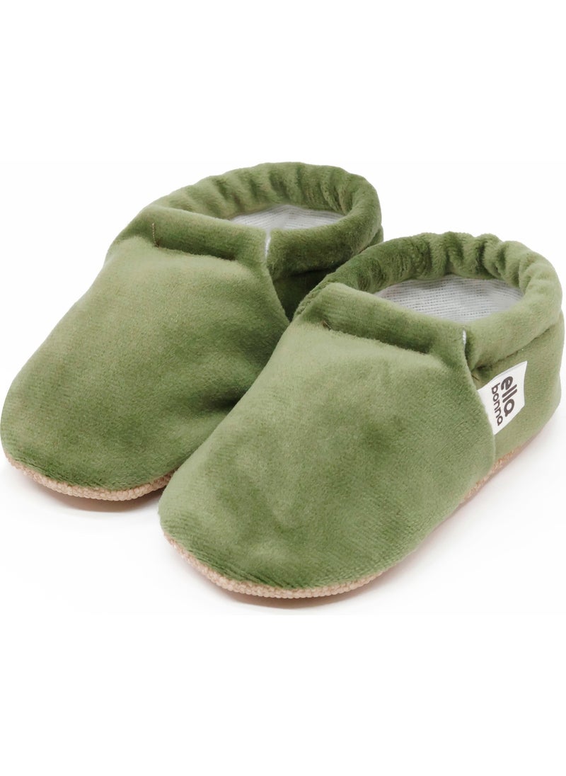 Velvet Baby Booties, Non-Slip Sole, Nursery Shoe Booties, Green