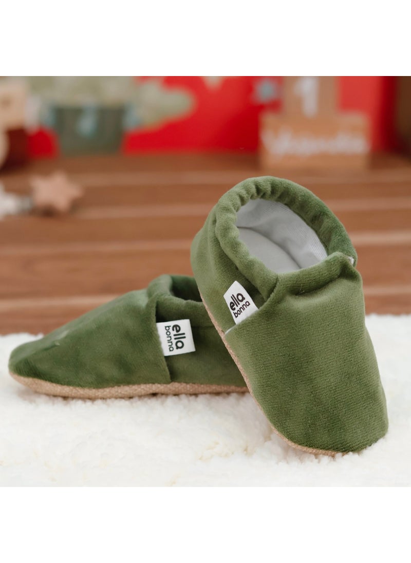 Velvet Baby Booties, Non-Slip Sole, Nursery Shoe Booties, Green