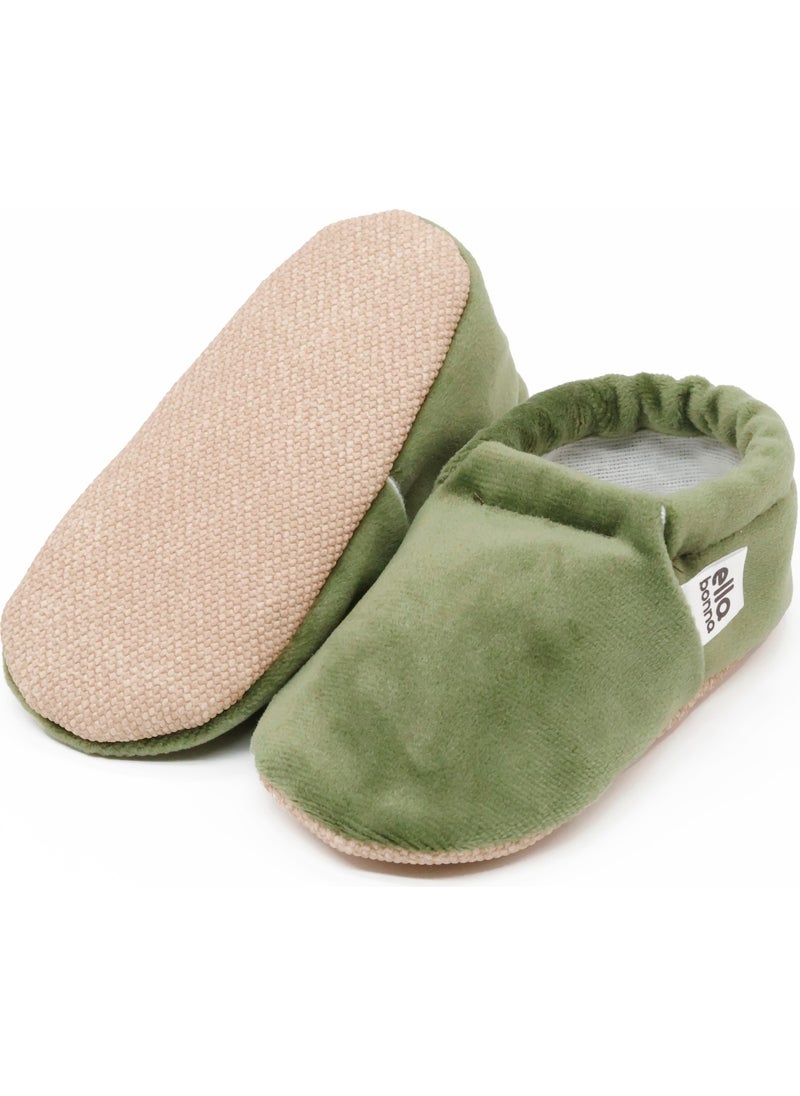 Velvet Baby Booties, Non-Slip Sole, Nursery Shoe Booties, Green