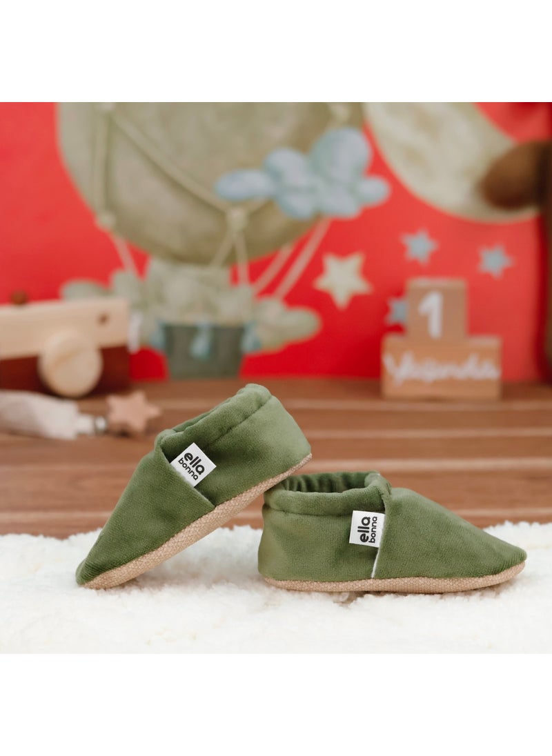 Velvet Baby Booties, Non-Slip Sole, Nursery Shoe Booties, Green