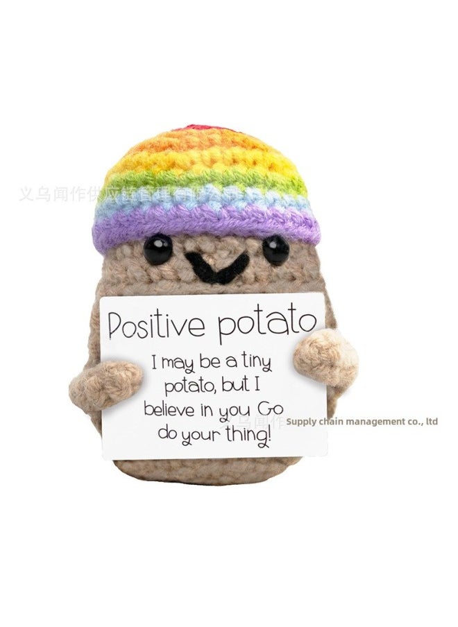 Hand-crocheted Positive Energy Yellow Duck Doll Funny Expression Bag Cute Animal Ornaments-Color:Rainbow Hat Potatoes