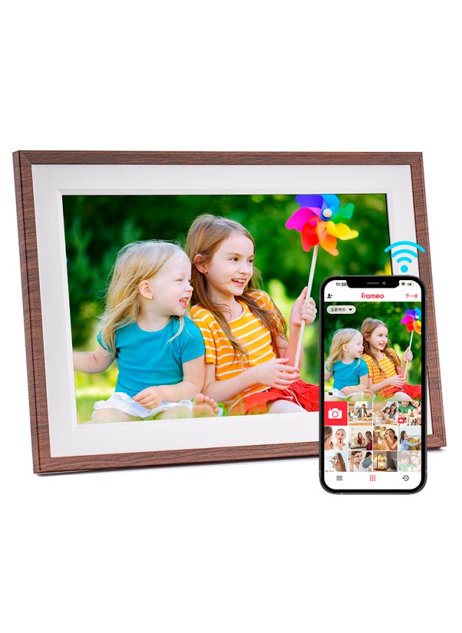 32G HD Digital Photo Frame 10.1 Inch Touch Screen Mobile Phone Remote Wireless Transmission Electronic Photo Album Gift-Color:Solid Wood Brown
