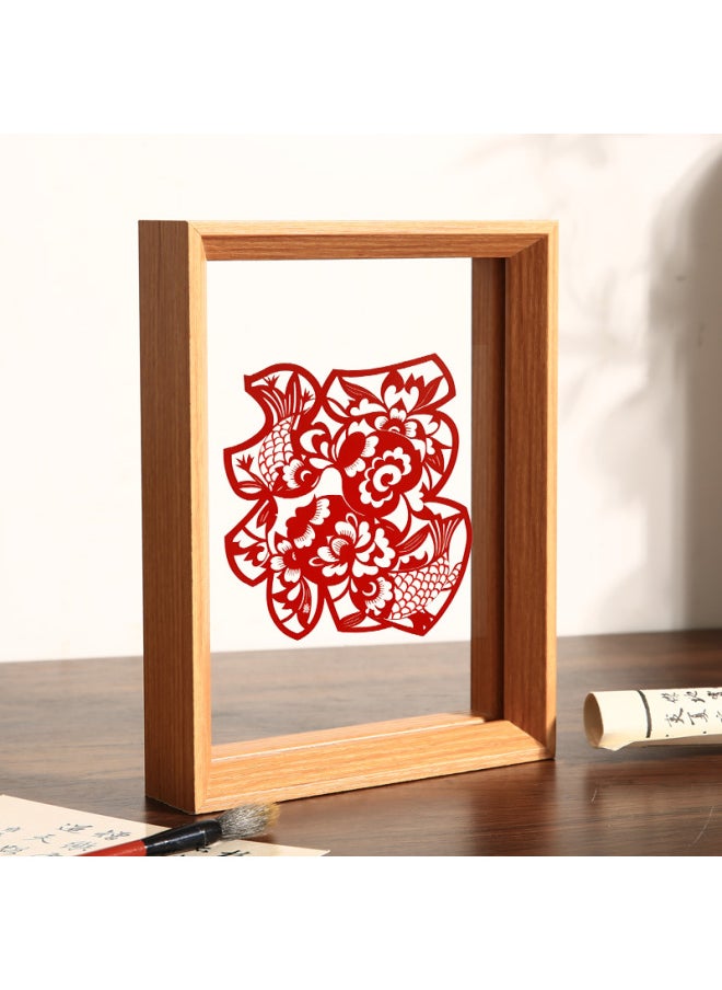 Chinese-style Double-sided Transparent Photo Frame Table Year Paper-cut Fu Character Calligraphy Frame Mounted Ornaments Specimen Display Stand A4 Frame-Color:Square 12inch [can Hold 30.5*30.5] - Wood Color