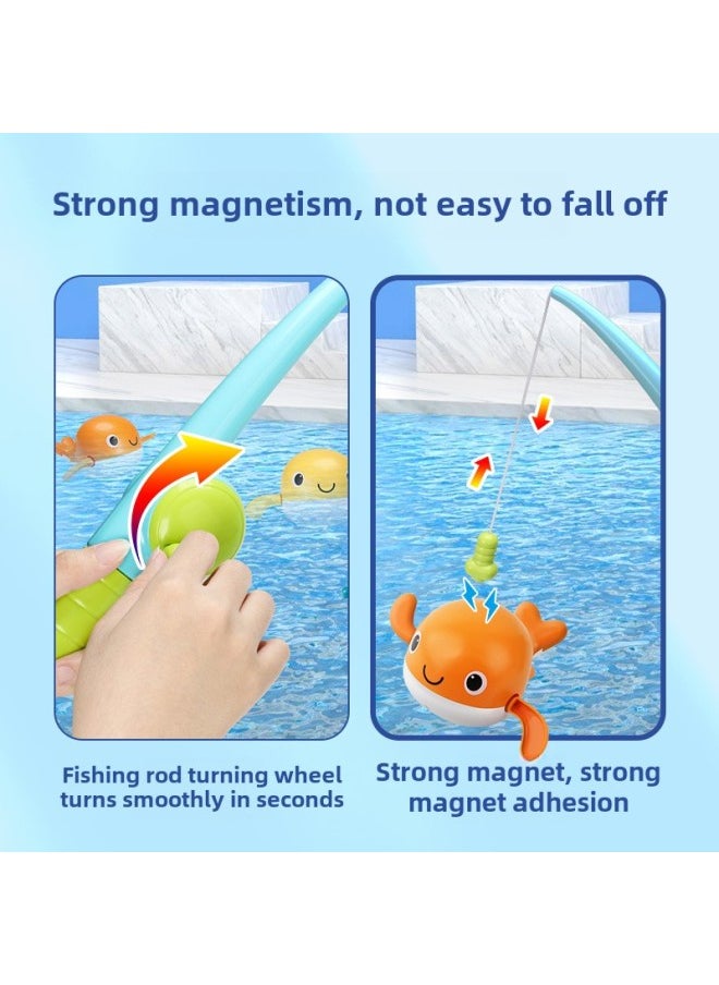 Baby Clockwork Whale Chain Swimming Crab Bathroom Magnetic Fishing Fish Set Children Bathing Toy-Color:8028-1(3-piece Set A): Fishing Rod +2 Whales