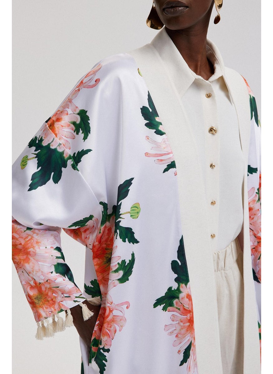 Floral Patterned Tassel Detailed Kimono