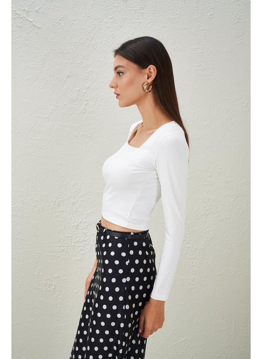 Women's Ecru Square Collar Scuba Fabric Crop Blouse