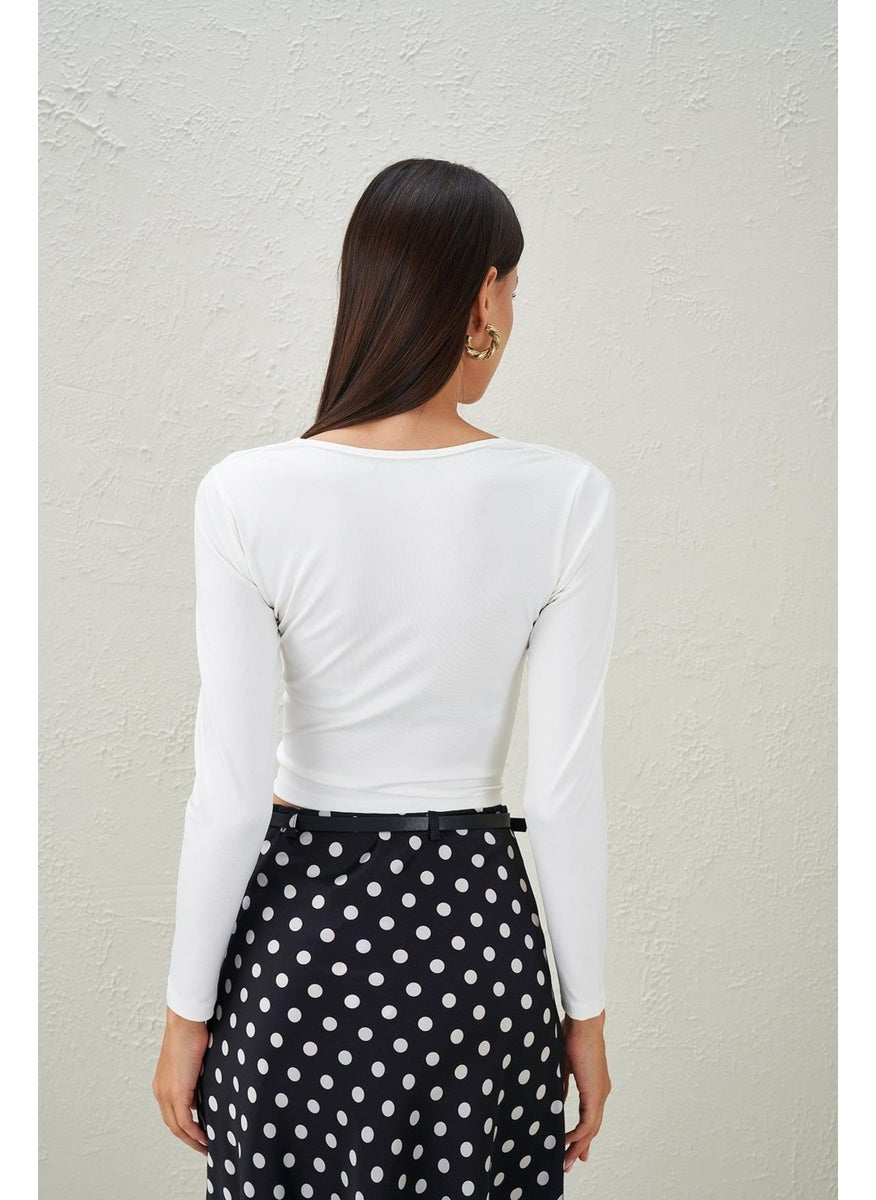 Women's Ecru Square Collar Scuba Fabric Crop Blouse