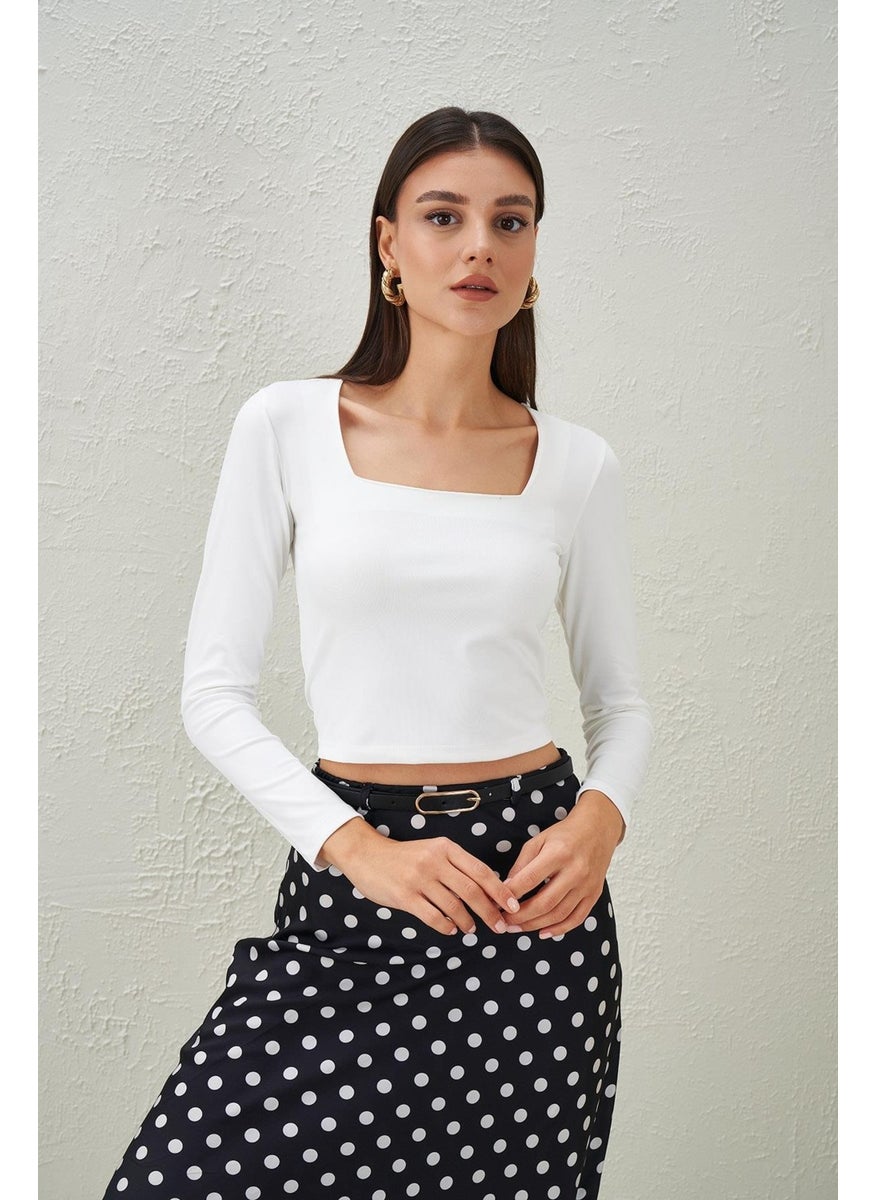 Women's Ecru Square Collar Scuba Fabric Crop Blouse